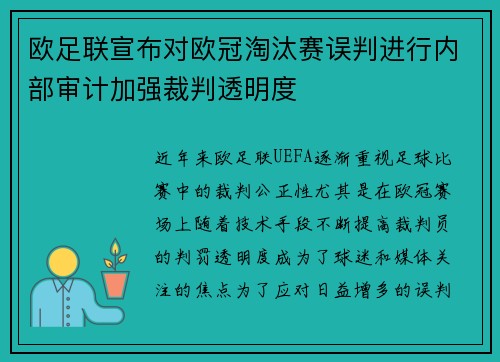 欧足联宣布对欧冠淘汰赛误判进行内部审计加强裁判透明度